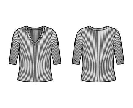 Ribbed V-neck knit sweater technical fashion illustration with elbow sleeves, oversized body. Flat outwear apparel template front, back grey color. Women, men unisex shirt top CAD mockupのイラスト素材
