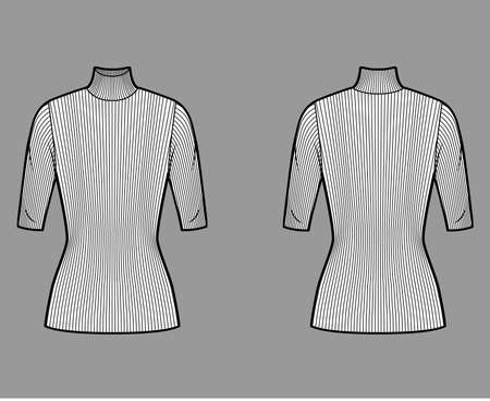 Turtleneck ribbed-knit sweater technical fashion illustration with elbow sleeves, close-fitting shape tunic length. Flat sweater apparel template front back white color. Women men unisex shirt top CADのイラスト素材