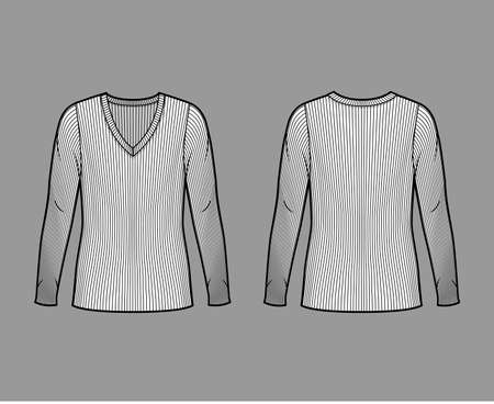 Ribbed V-neck knit sweater technical fashion illustration with long sleeves, oversized body, tunic length. Flat outwear apparel template front back white color. Women men unisex shirt top CAD mockupのイラスト素材