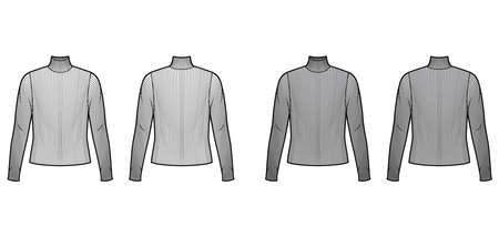 Turtleneck ribbed-knit sweater technical fashion illustration with long sleeves, oversized body. Flat sweater apparel template front back white grey color. Women men unisex shirt top CAD mockupのイラスト素材