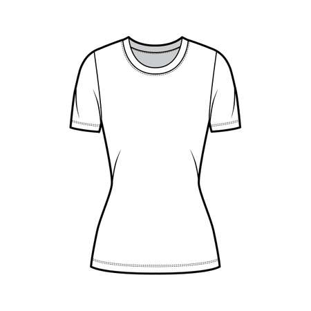 Crew neck jersey t-shirt technical fashion illustration with short sleeves, close-fitting shape, tunic length. Flat sweater apparel template front white color. Women, men, unisex outfit top CAD mockupのイラスト素材
