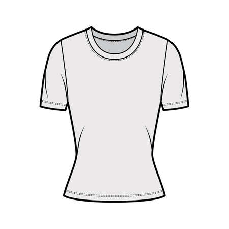 Crew neck jersey t-shirt technical fashion illustration with short sleeves, close-fitting shape. Flat sweater apparel template front, grey color. Women, men, unisex outfit top CAD mockupのイラスト素材