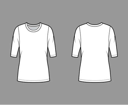 Crew neck jersey sweater technical fashion illustration with elbow sleeves, oversized body, tunic length. Flat outwear apparel template front, back white color. Women, men unisex shirt top CAD mockupのイラスト素材