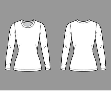 Crew neck jersey sweater technical fashion illustration with long sleeves, close-fitting shape tunic length. Flat outwear apparel template front back white color. Women men unisex shirt top CAD mockupのイラスト素材
