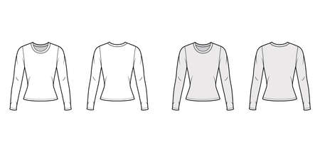 Crew neck jersey sweater technical fashion illustration with long sleeves, close-fitting shape. Flat outwear apparel template front, back white grey color. Women men, unisex shirt top CAD mockupのイラスト素材