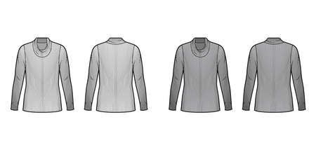 Ribbed cowl turtleneck knit sweater technical fashion illustration with long sleeves, oversized, tunic length. Flat sweater apparel template front back white grey color. Women men unisex shirt top CADのイラスト素材