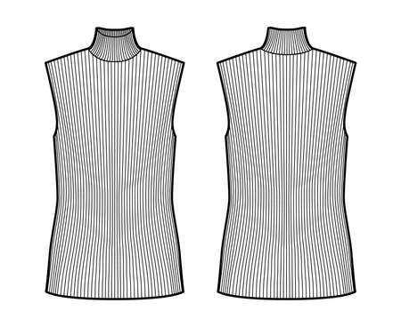 Turtleneck rib sweater technical fashion illustration with oversized tunic length body, sleeveless jumper. Flat shirt apparel template front, back, white color. Women, men unisex top CAD mockupのイラスト素材