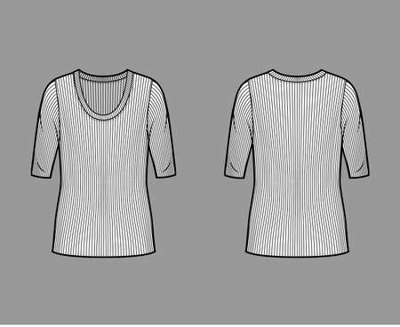Ribbed scoop neck knit sweater technical fashion illustration with elbow sleeves, oversized body, tunic length. Flat outwear apparel template front, back white color. Women, men unisex shirt top CADのイラスト素材