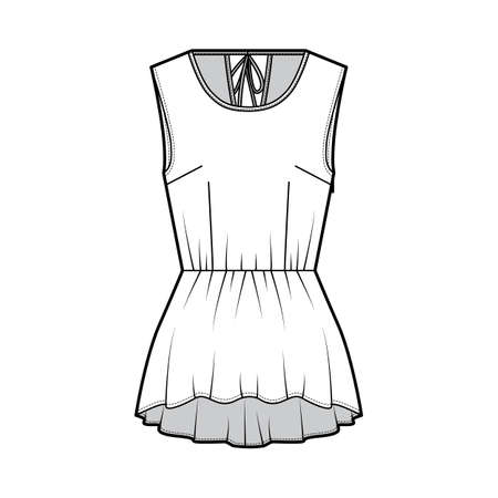Peplum high low hem top technical fashion illustration with back ties at the round neck, sleeveless, fitted body. Flat apparel blouse template front, white color. Women men unisex shirt CAD mockupのイラスト素材
