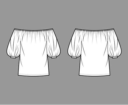 Off-the-shoulder blouse technical fashion illustration with elbow billowy sleeves, elasticated gathered neckline. Flat apparel top template front, back white grey color. Women men unisex shirt mockupのイラスト素材