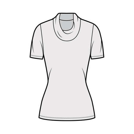 Cowl turtleneck jersey sweater technical fashion illustration with short sleeves, tunic length. Flat outwear apparel template front, grey color. Women, men, unisex t-shirt top CAD mockupのイラスト素材