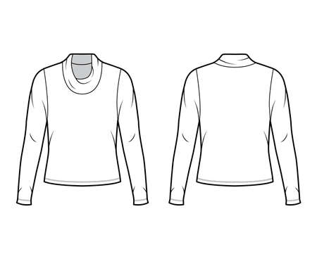 Cowl turtleneck jersey sweater technical fashion illustration with long sleeves, oversized body. Flat outwear apparel template front back white color. Women men unisex shirt top CAD mockupのイラスト素材