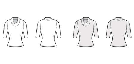 Cowl turtleneck jersey sweater technical fashion illustration with elbow sleeves, close-fitting shape. Flat outwear apparel template front, back white grey color. Women men unisex shirt top CAD mockupのイラスト素材