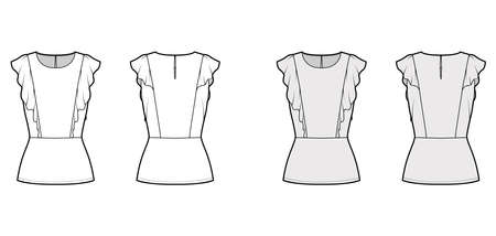 Ruffled blouse technical fashion illustration with hem, oval neck, back button-fastening keyhole, sleeveless, fitted body. Flat apparel top template front back white grey color. Women men unisex shirtのイラスト素材