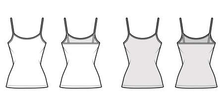 Cotton-jersey camisole technical fashion illustration with scoop neck, fitted body, tunic length. Flat outwear basic tank apparel template front back white grey color. Women men unisex shirt top CADのイラスト素材