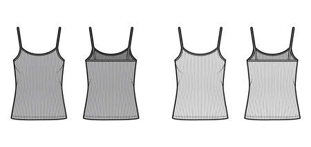 Ribbed camisole technical fashion illustration with scoop neck, oversized knit body, tunic length. Flat outwear basic tank apparel template front back white grey color. Women men unisex shirt top CADのイラスト素材