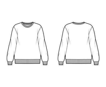 Cotton-terry oversized sweatshirt technical fashion illustration with relaxed fit, crew neckline, long sleeves. Flat outwear jumper apparel template front, back, white color. Women men, unisex top CADのイラスト素材
