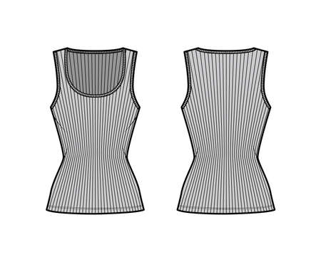 Ribbed cotton-jersey tank technical fashion illustration with wide scoop neck, close fit knit, tunic length. Flat outwear camisole apparel template front back grey color. Women men unisex shirt topのイラスト素材