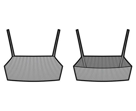 Ribbed cropped stretch-knit top technical fashion illustration with fitted body, under bust length. Flat camisole outwear tank apparel template front back grey color. Women men unisex shirt top CADのイラスト素材