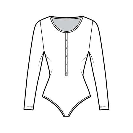 Cotton-jersey t-shirt bodysuit technical fashion illustration with long sleeves, scoop henley neck. Flat outwear one-piece apparel template front, white color. Women men unisex top CAD mockup.のイラスト素材