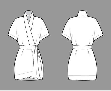 Kimono technical fashion illustration with short batwing sleeves, belt to cinch the waist, above-the-knee length. Flat apparel blouse template front back white color. Women men unisex shirt CAD mockupのイラスト素材