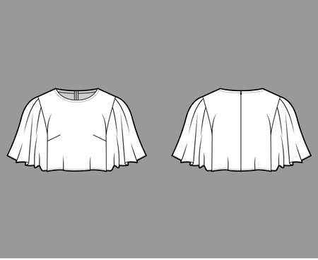 Cropped top technical fashion illustration with flare elbow circle sleeve, oversized, back concealed zip fastening. Flat apparel shirt template front, back, white color. Women men unisex blouse mockupのイラスト素材