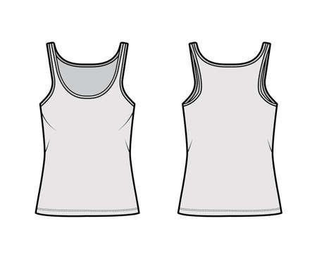 Cotton-jersey tank technical fashion illustration with scoop neck, relaxed fit, tunic length. Flat outwear basic camisole apparel template front back grey color. Women men unisex shirt top CAD mockupのイラスト素材