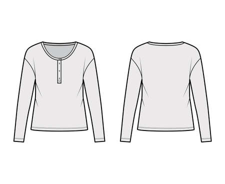 Classic mens style cotton-jersey top technical fashion illustration with long sleeves, scoop henley neckline. Flat outwear apparel shirt template front, back grey color. Women, men, unisex CAD mockupのイラスト素材