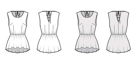 Peplum high low hem top technical fashion illustration with back ties at the round neck, sleeveless. Flat apparel blouse template front, back, white, grey color. Women men unisex shirt CAD mockupのイラスト素材