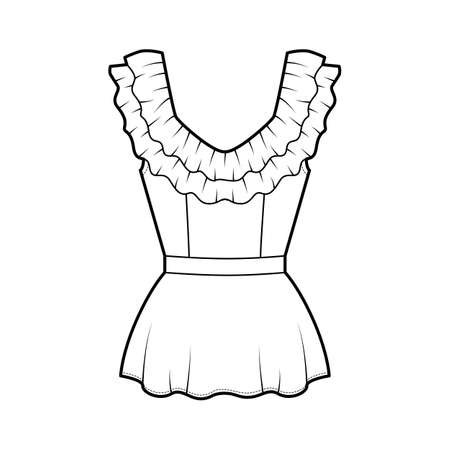 Peplum blouse technical fashion illustration with 2 layers of ruffles along the diamond neckline, back zip fastening. Flat apparel shirt template front, white color. Women men unisex top CAD mockupのイラスト素材