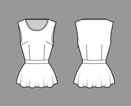 Peplum hem top technical fashion illustration with bonded round neck, sleeveless, fitted body, side zip fastening. Flat apparel blouse template front, back, white color. Women men unisex shirt mockupのイラスト素材