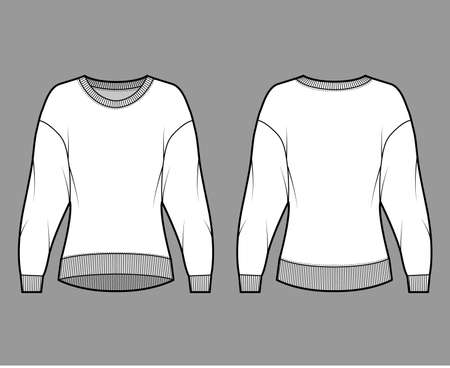 Cotton-terry sweatshirt technical fashion illustration with relaxed fit, crew neckline, long sleeves. Flat outwear jumper apparel template front, back, white color. Women, men, unisex top CAD mockupのイラスト素材