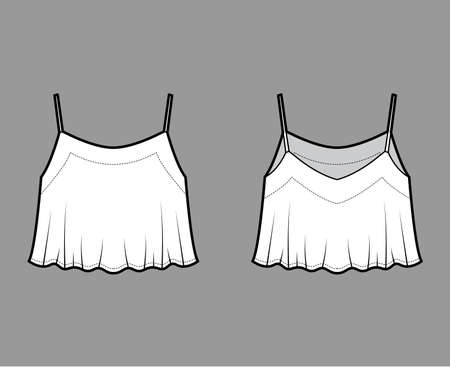 Cropped camisole top technical fashion illustration with scoop neck, flare hem, loose silhouette, straps. Flat outwear tank apparel template front, back, white color. Women men unisex shirt CAD mockupのイラスト素材
