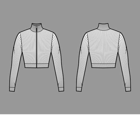 Zip-up cropped turtleneck ribbed-knit sweater technical fashion illustration with long sleeves, close-fitting shape. Flat jumper apparel template front back white color. Women men unisex shirt top CADのイラスト素材
