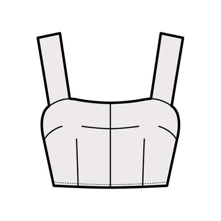 Cropped top technical fashion illustration with scoop neck, wide straps, back zip fastening, waist length. Flat outwear tank apparel template front, grey color. Women, men unisex shirt camisole CADのイラスト素材