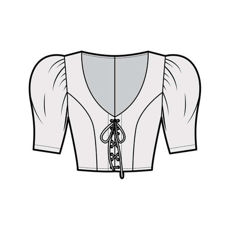Cropped lace-up top technical fashion illustration with short sleeves, puffed shoulders, fitted body. Flat apparel shirt template front, grey color. Women men, unisex blouse CAD mockupのイラスト素材