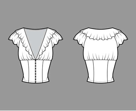 Ruffled cropped blouse technical fashion illustration with short flutter sleeves, front button fastenings, fitted body. Flat apparel top template front, back white color. Women men unisex shirt mockupのイラスト素材