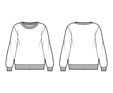Oversized cotton-terry sweatshirt technical fashion illustration with crew neckline, long sleeves, ribbed trims. Flat outwear jumper apparel template front back white color. Women, men unisex top CADのイラスト素材