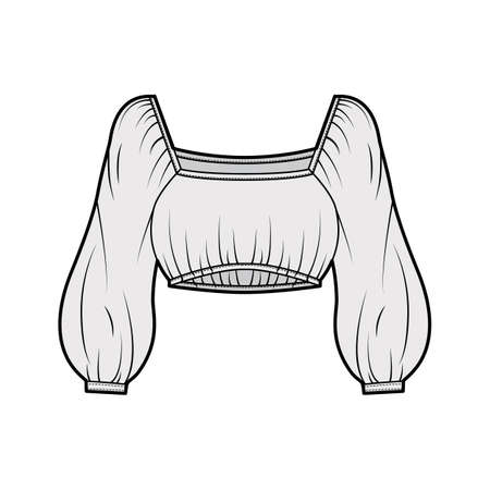 Cropped blouse top technical fashion illustration with elasticated hem and shoulders, long oversized sleeves, loose silhouette. Flat shirt apparel template front, grey color. Women men unisex topのイラスト素材
