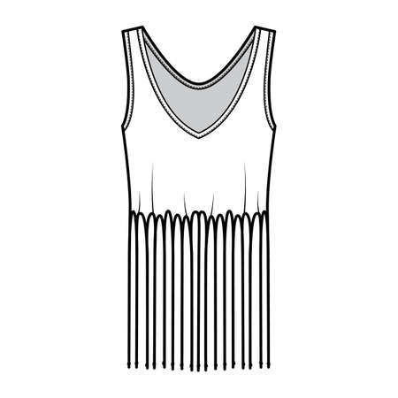 Fringed cotton-jersey camisole technical fashion illustration with deep V-neck, sleeveless, above-the-knee length, oversized. Flat apparel template front, white color. Women, men unisex top CAD mockupのイラスト素材