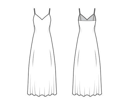 Strap sun dress technical fashion illustration with deep V-neck, maxi ancle length, loose shape, semi-sircular fullness. Flat apparel template front back white color. Women, men, unisex top CAD mockupのイラスト素材