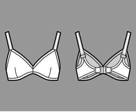 Bustier top bralette technical fashion illustration with adjustable thick straps, clasp fastening at back. Flat bra swimwear lingerie template front, white color. Women men unisex underwear CAD mockupのイラスト素材