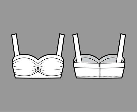 Cropped bra top technical fashion illustration with feminine sweetheart neckline, gently gathered bust, wide straps. Flat tank template front, back white color. Women men unisex underwear camisole CADのイラスト素材