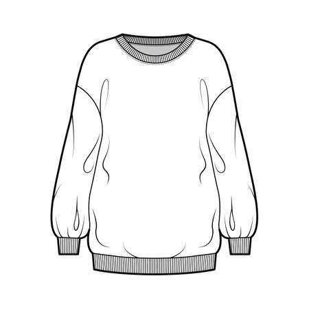 Cotton-terry slouchy oversized sweatshirt technical fashion illustration with loose relaxed fit, crew neckline, long sleeves. Flat jumper apparel template front white color. Women, men, unisex top CADのイラスト素材