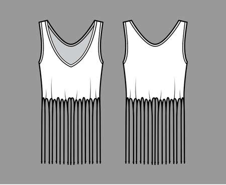 Fringed cotton-jersey camisole technical fashion illustration with deep V-neck, sleeveless, above-the-knee length, oversized. Flat template front, back, white color. Women, men unisex top CAD mockupのイラスト素材