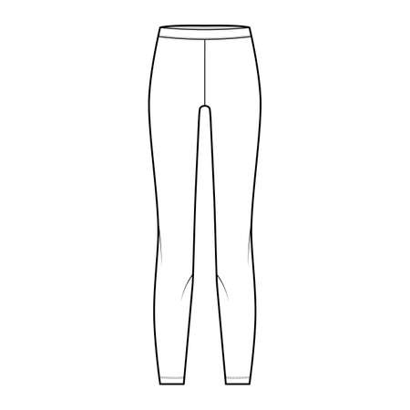 Leggins technical fashion illustration with elastic waistband. Flat sport training slim pants, casual knit trousers apparel template front, white color. Women men unisex yoga fitness gym CAD mockupのイラスト素材