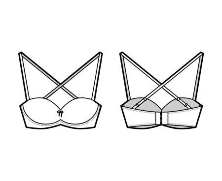 Bra convertible balconette lingerie technical fashion illustration with straps, hook-and-eye closure. Flat brassiere template front, back white color style. Women men unisex underwear CAD mockupのイラスト素材