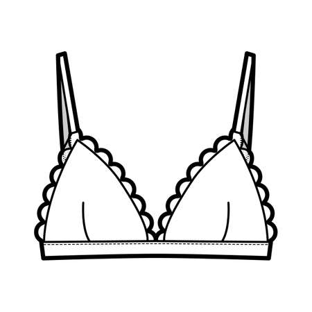 Triangle Bra lingerie technical fashion illustration with adjustable strap, hook-and-eye closure, scalloped cups. Flat brassiere template front white color style. Women men unisex underwear CAD mockupのイラスト素材