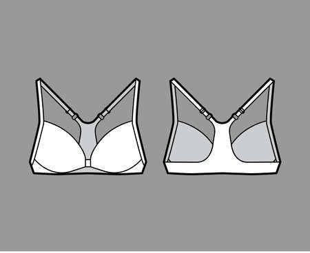 Bra racerback front closure lingerie technical fashion illustration with adjustable shoulder straps. Flat brassiere template front, back white color style. Women men unisex underwear CAD mockupのイラスト素材