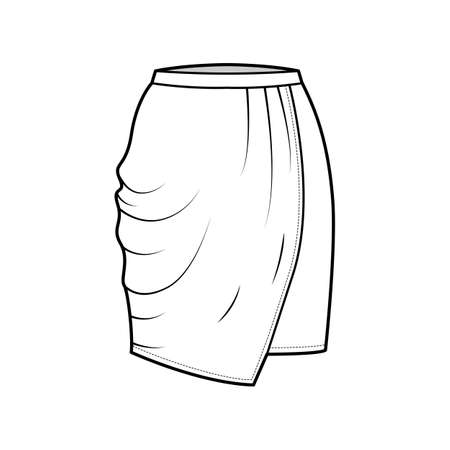 Skirt drapped technical fashion illustration with straight semi fitted knee silhouette, pencil fullness, thin waistband. Flat bottom template front, white color style. Women, men, unisex CAD mockupのイラスト素材